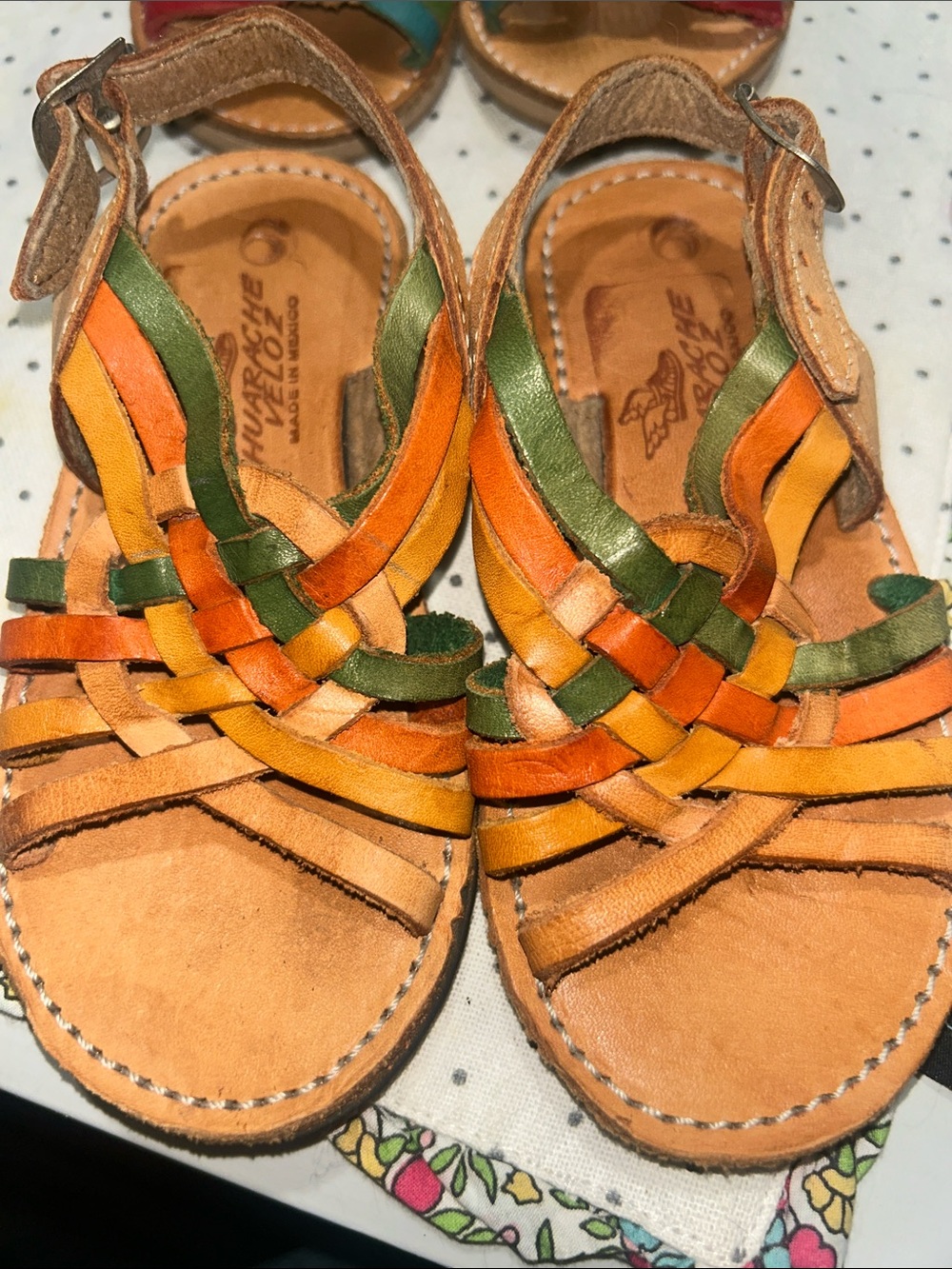 Kids Multicolor Leather Woven Sandals - Green, Orange & Yellow